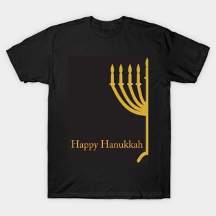 Happy Hanukkah greeting with Golden Menorah illustration on Black background T-Shirt